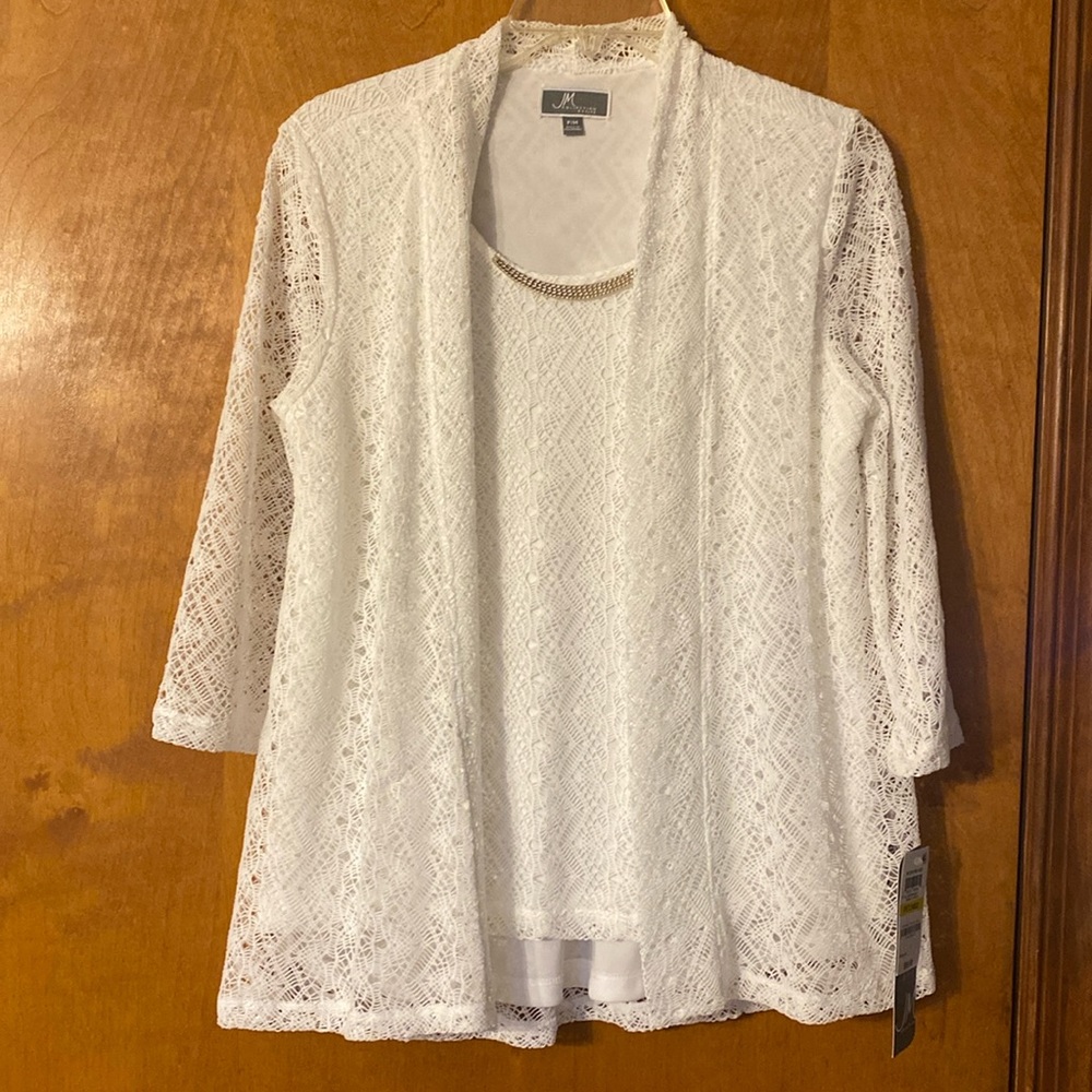 NWT JM Collection Size Petite Medium White two piece lace embellished 3/4 sleeve